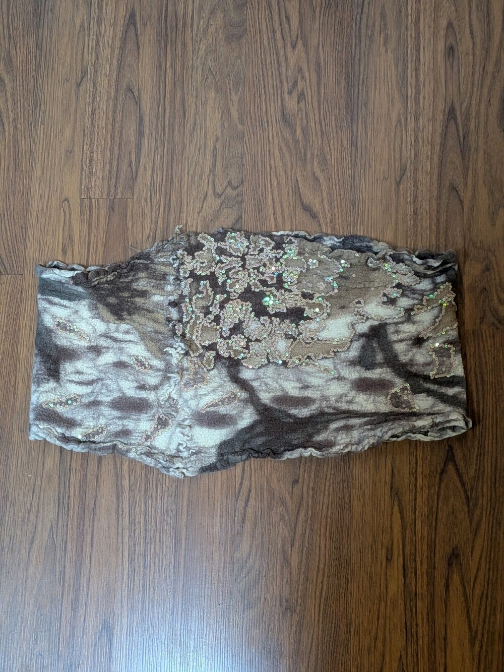 Y2K Hang N Hold 100% Wool Sequined Brown & Tan Scarf Top One Size Boho Festival